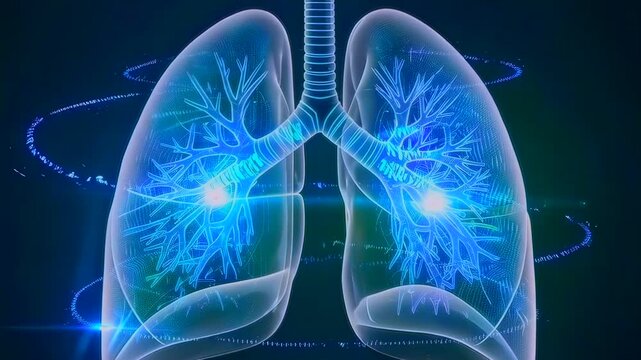 Blue lung animation, Dynamic rendering of pulmonary pathways showing breathing process, Animated representation of respiratory system emphasizing gas exchange and airway pathways