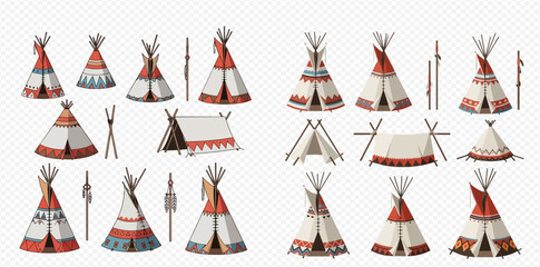 Collection of Native American teepees and tents, traditional tribal dwellings for indigenous people, vector illustration. © ArtLuna Studio