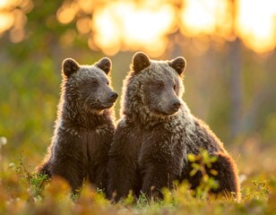 Fototapeta premium Two brown bear cubs sitting in a grassy field