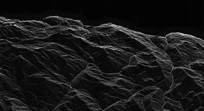 Digital wireframe terrain representation with white mesh lines on black background showing mountain peaks and valley details for virtual reality landscape modeling and scientific visualization