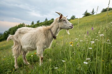 Obraz premium A goat is walking through a field of flowers