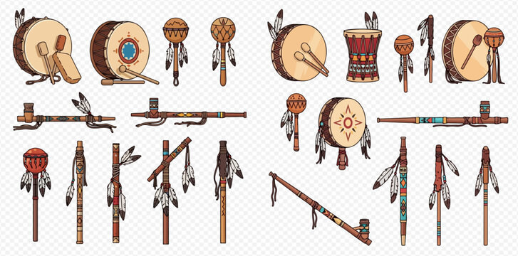Native American tribal musical instruments and traditional objects set.