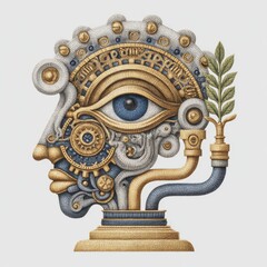 Obraz premium Intricate Steampunk Mechanical Head Profile With Blue Eye And Gold Details On White Background