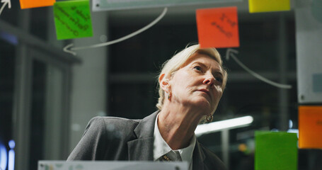 Glass wall, night or woman in office with review, strategy or planning for report. Problem solving,...