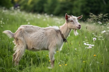Obraz premium A goat is walking through a field of flowers