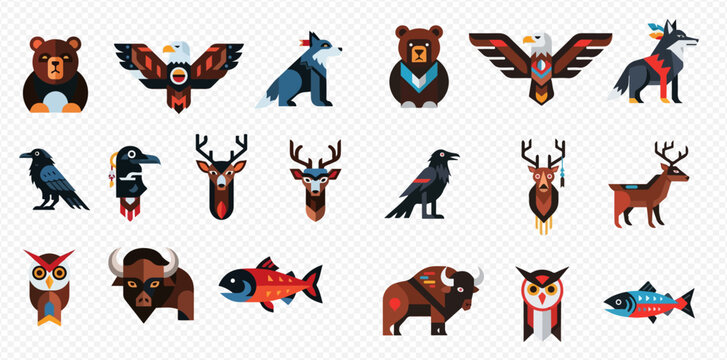 Native American totem animals and spirit symbols in flat design style.