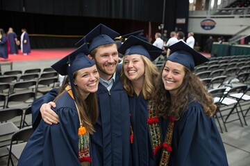 Obraz premium Four graduates pose for a picture in front of a banner that says 