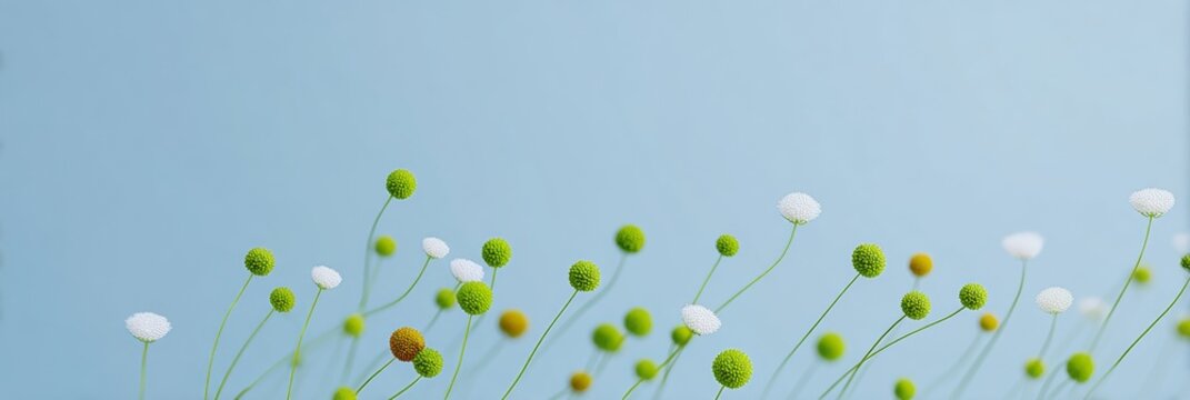 Botanical thimbleberry flower buds and wild berries growing in a meadow for science research and nature study, minimalist horizontal background with copy space