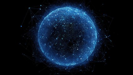 Obraz premium Glowing digital orb with connected lines against black. Resembles data network visualization