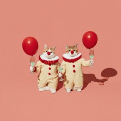 Fototapeta premium Two funny cats in clown costumes holding balloons and drinks on pink background for greeting card design, domestic pets acting as party entertainers in studio