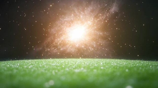 The Birth of Light: a celestial view of bright exploding light over verdant land. Evokes the awe of the cosmos and the beauty of natural world.