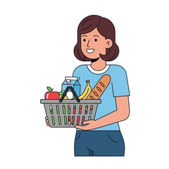 Woman holding grocery basket with fresh produce and bread