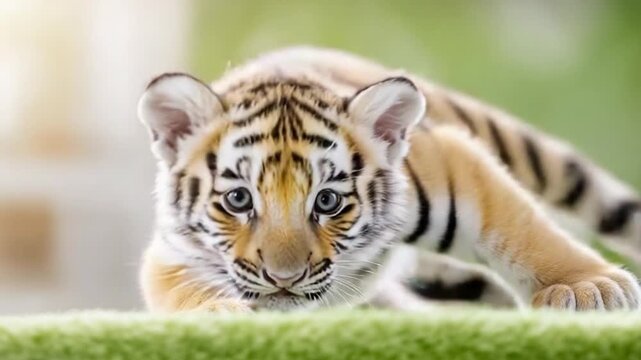 Tiger Cub's Gaze: A captivating portrait of a young tiger cub, its bright eyes and distinctive stripes exuding both innocence and the inherent wild spirit.