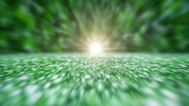 Path to Enlightenment: A radiant sun, bursting forth from the heart of a lush, emerald green landscape, representing growth, purity and enlightenment.