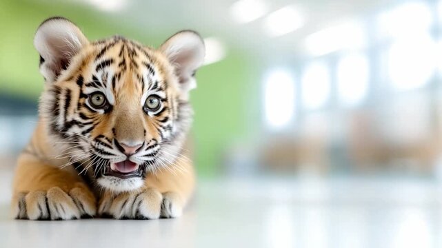 Cuteness of a Tiger Cub: This delightful tiger cub, with its endearing gaze and captivating stripes, sprawls in a cozy setting, inviting all to revel in its delightful charm. 