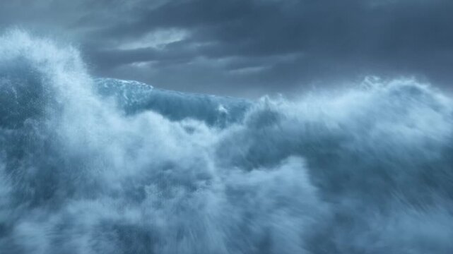 Powerful ocean waves during violent storm, foaming water crashing and colliding, heavy rain falling, 4k video
