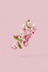 Fototapeta premium Spring Flower Branch Floating on Pink Background with Subtle Glitch Effect Edges for Modern Botanical Graphic Design and Nature Themed Advertising Projects