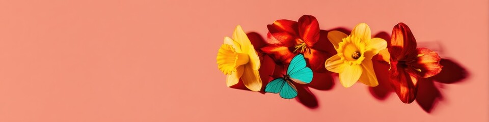 Obraz premium Spring daffodils and butterfly on a colorful background with copy space for greeting cards and social media marketing banners, vibrant floral composition for seasonal events