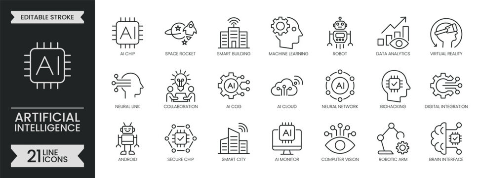 Artificial intelligence outline icon set. Containing machine Learning, generative ai, cloud computing, virtual assistant, smart robotic and more. Editable stroke symbols pack. Vector illustration