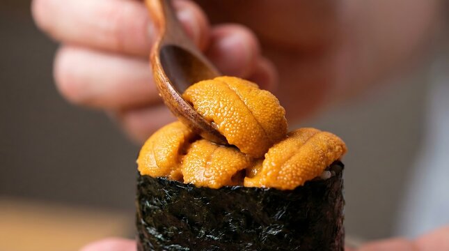 chef hand serving Fresh uni gunkan sushi close up, chef placing Sea urchin to sushi with wooden spoon, omakase restaurant