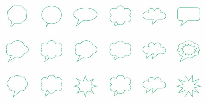 Collection of various green speech bubbles and thought cloud line icons