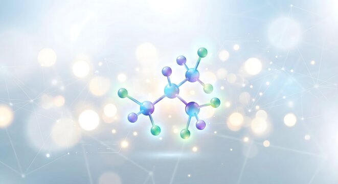 Molecular structure with colorful atoms and connections on a blurred background with bokeh lights, representing science and technology.