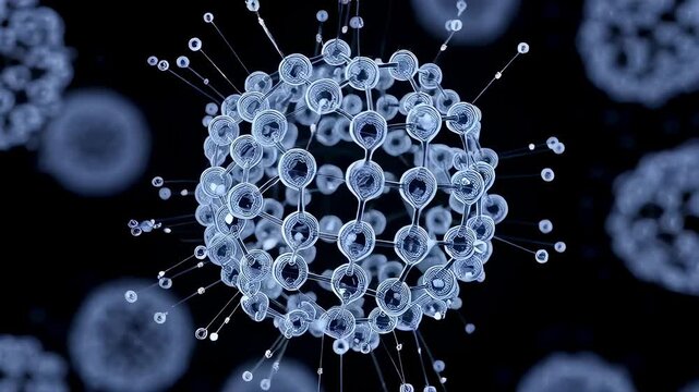 spiky virus particle with protein spikes rotating in dark field, detailed capsid lattice and glycoprotein projections glint under clinical lighting, scientific visualization suited