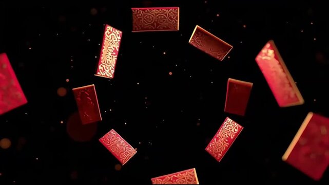 Red envelopes with gold designs floating in space against a black background.