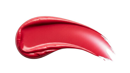 Glossy bright red lipstick smear in elegant curved swipe, shiny wet texture, makeup and beauty product sample. PNG format, transparent background.