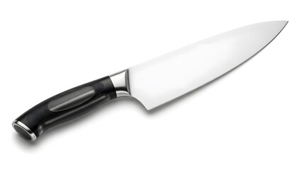 Professional chef's knife with a sharp stainless steel blade and ergonomic black handle. Isolated on white background, perfect for culinary and kitchenware themes.