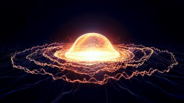 Glowing energy orb over dark grid, orange plasma dome pulses above rippling waveform and concentric halo, electric rings spread across lowpoly surface, cinematic scifi atmosphere,