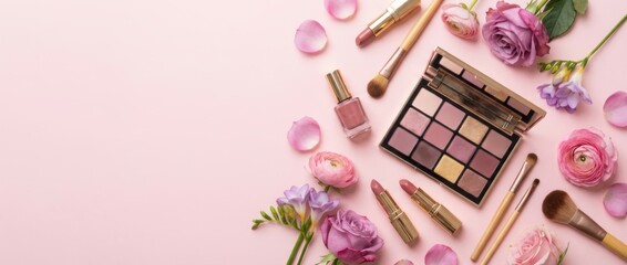 Elegant cosmetics and floral arrangement for festive beauty inspiration
