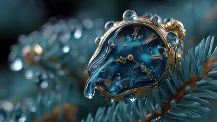 Surreal christmas 2026 blue melting pocket watch on pine branch winter fantasy