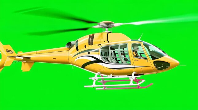 Colorful cartoon helicopter flying over vibrant green screen background