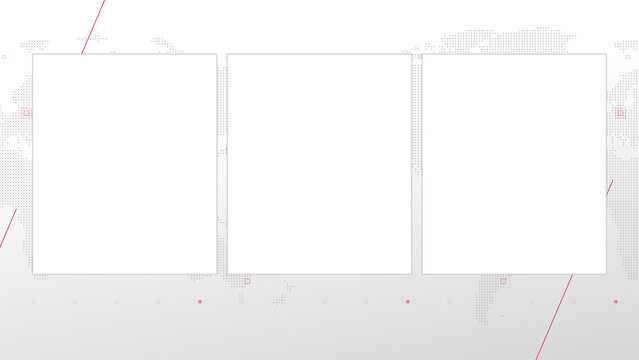 Three box split screen for news, interviews, live broadcast, tv shows, live streaming. Alpha channel transparent cut, 4K, world map background with red elements, simplicity and minimalism design.
