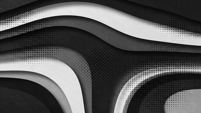 Abstract layered design with curves in shades of gray white and black