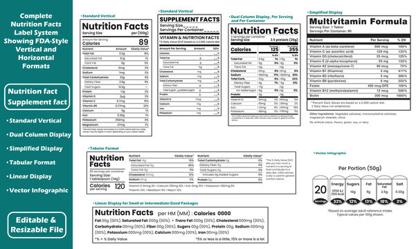 Nutrition Facts, Supplement facts, Nutrition facts template, Nutrition Facts Vector Set,Including Editable, Nutrition Facts Labels Vector Set with FDA Format Including Vertical and Horizontal Displays