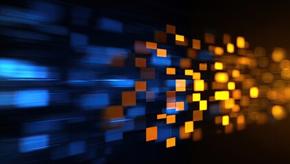 Obraz premium Abstract digital composition with blurred squares of orange and blue hues conveying movement