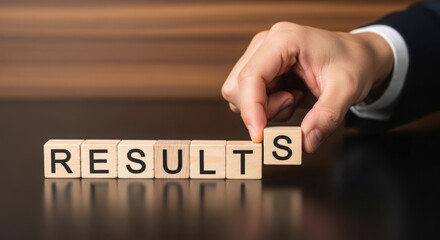 A person's hand places the final letter block to complete the word results, symbolizing achievement and success.