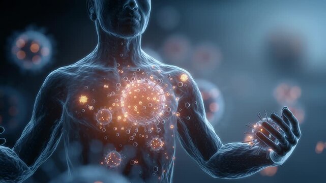Longevity science illustration, immune system cells glowing within a balanced human body environment, modern biomedical aesthetic, calm and reassuring atmosphere