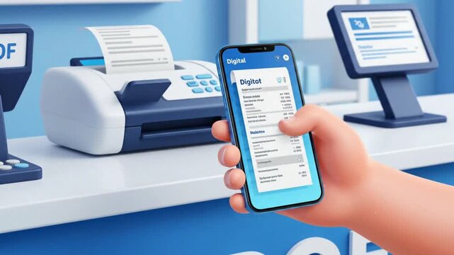 3D render of a hand holding a smartphone with a digital receipt, contrasting with a traditional printer issuing a paper document. Digital transforma...