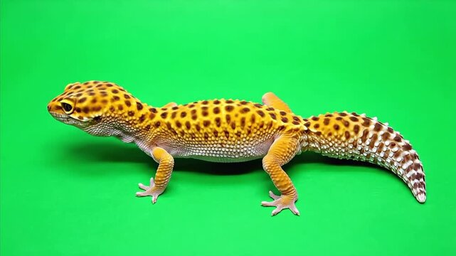 Spotted Leopard Gecko Lizard Walking on a Green Screen Background.