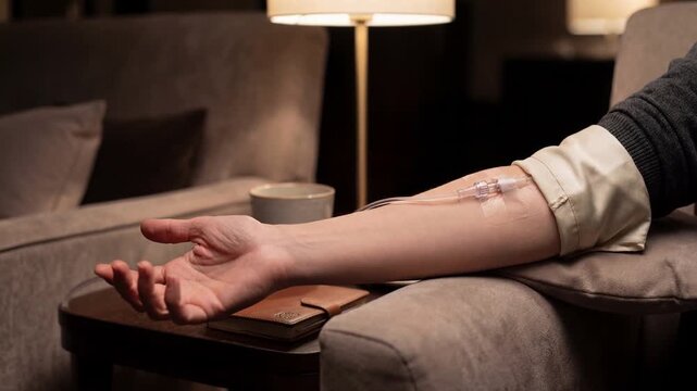 Close-up video of an arm with an intravenous drip in a modern home setting, symbolizing biohacking and wellness practices for health and longevity. Video made using Generative AI.
