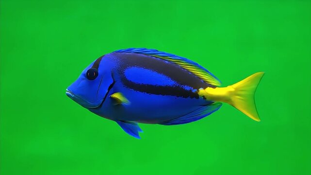 Vibrant Blue Tang Fish Swimming Gracefully Against Green Screen Background.