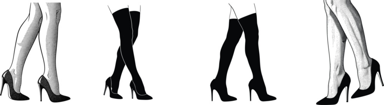 A black and white illustration showcasing different styles of women's high-heeled boots and legwear