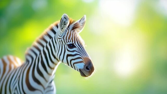 Zebra's Portrait of Serenity: A close-up view unveils the intricate beauty of a zebra, its distinctive striped pattern set against a backdrop of soft, inviting greens.