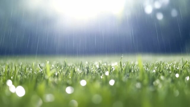 Refreshing Shower of Rain: A close-up perspective of vibrant green grass, glistening with droplets of fresh rain, creating a serene and invigorating atmosphere. 