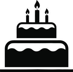 Fototapeta premium Birthday cake two tiers with three lit candles on top black silhouette vector illustration isolated on transparent background