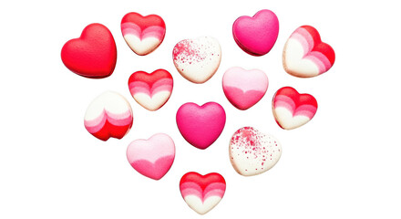 Assorted pink and red heart shaped candies on transparent background
