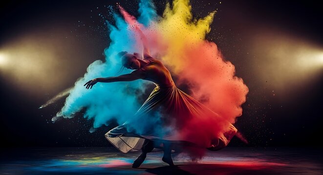 Dynamic performance with vibrant powder burst: capturing dance and color.
